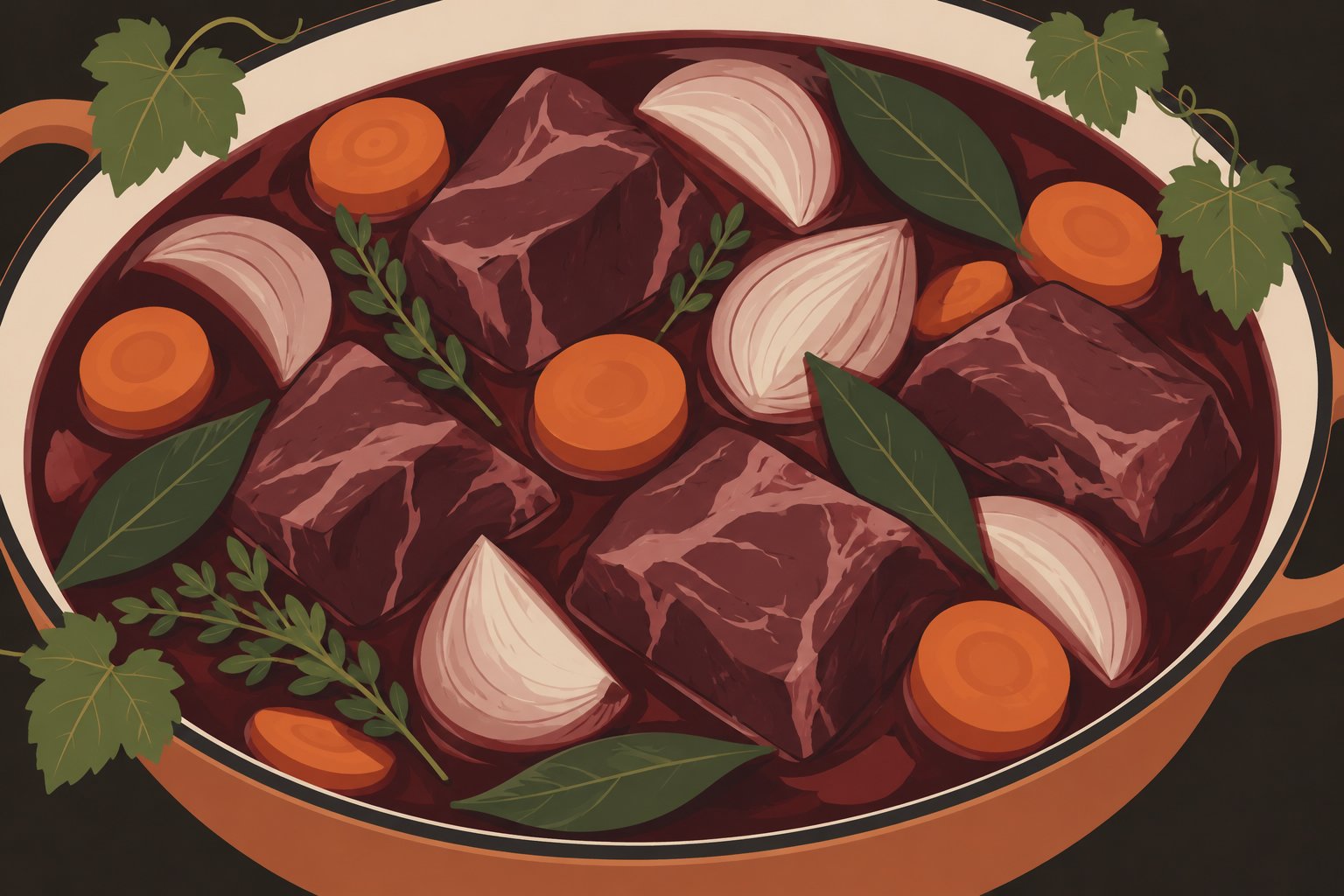 Carnes et légumes mijotés dans une cocotte, avec des morceaux de sanglier et des rondelles de carotte.
