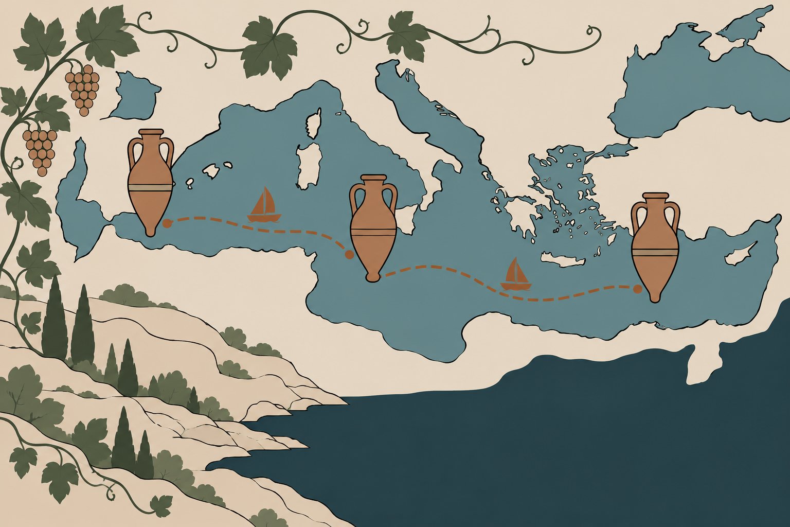 Carte illustrant l’étendue du vin avec des amphores sur une mer Méditerranée et des trajets maritimes entre l’Égypte, le monde