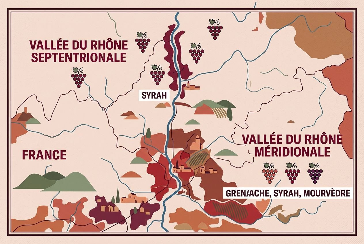 Carte illustrant les vallées viticoles du Rhône (Septentrionale et Méridionale) avec vignobles et villages, flèches et noms Syrah, Grenache, Syrah, Mourvèdre.