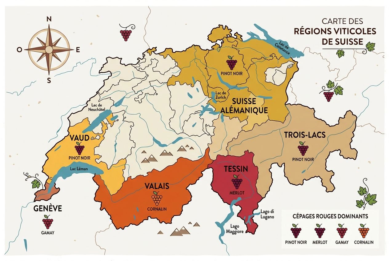 Carte des régions viticoles de Suisse et leurs cépages, avec légende des cépages rouges dominants et localisation régionale.