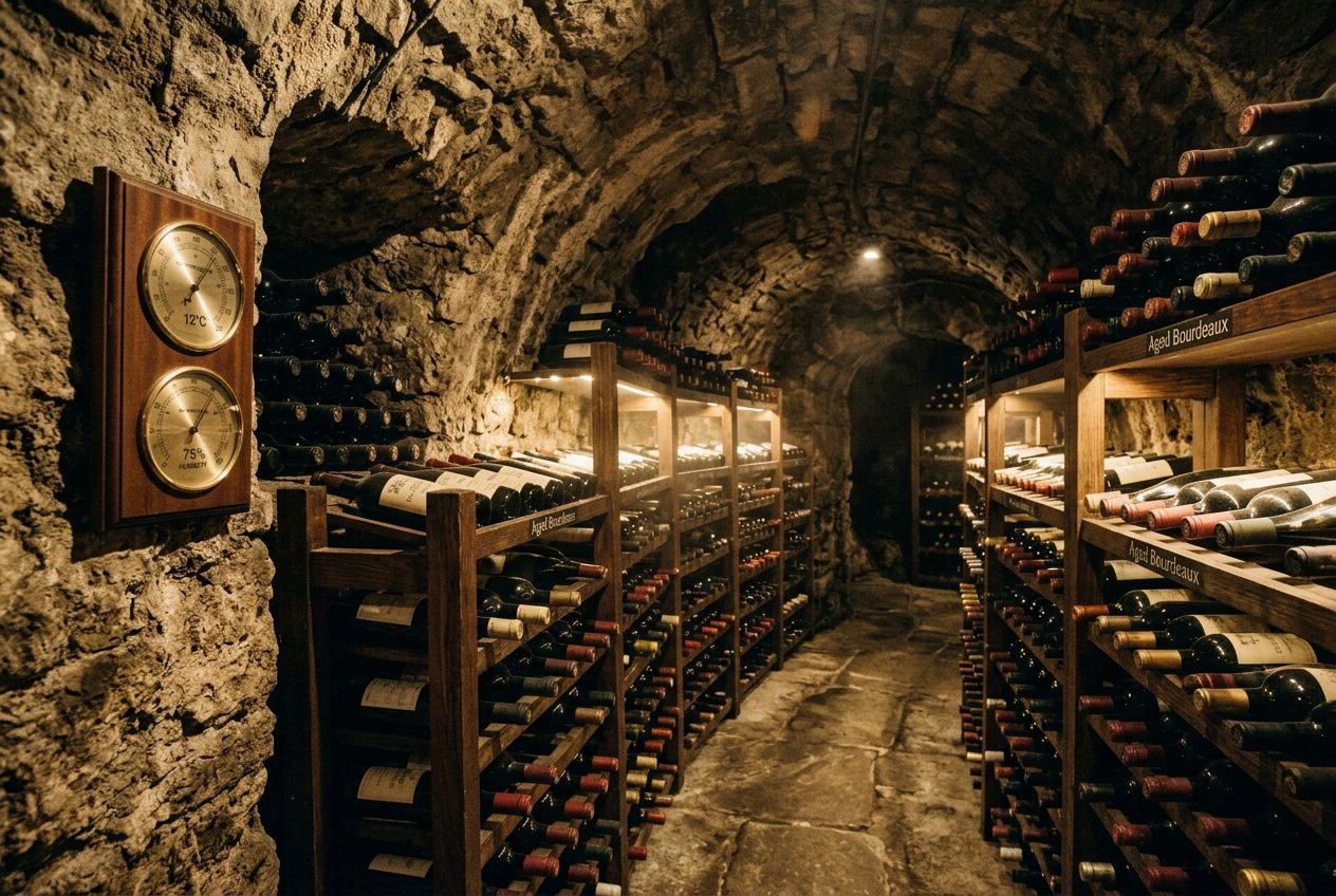 Cave à vin en cave voûtée avec rangées de bouteilles sur des rayonnages en bois, mur en pierre et thermomètre ancien accroché. tempérée à température idéale pour une cave à vin si nécessaire.