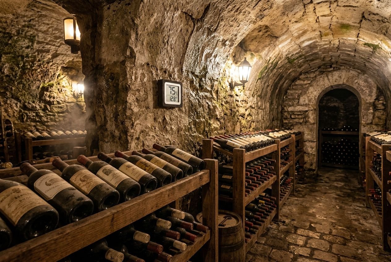 Cave à vin en pierre avec rangées de bouteilles sur des étagères en bois, humidité ambiante mesurée affichant 75% sur le thermomètre; ambiance éclairée et fraîche. Humidité idéale pour une cave à vin intégrée naturellement.