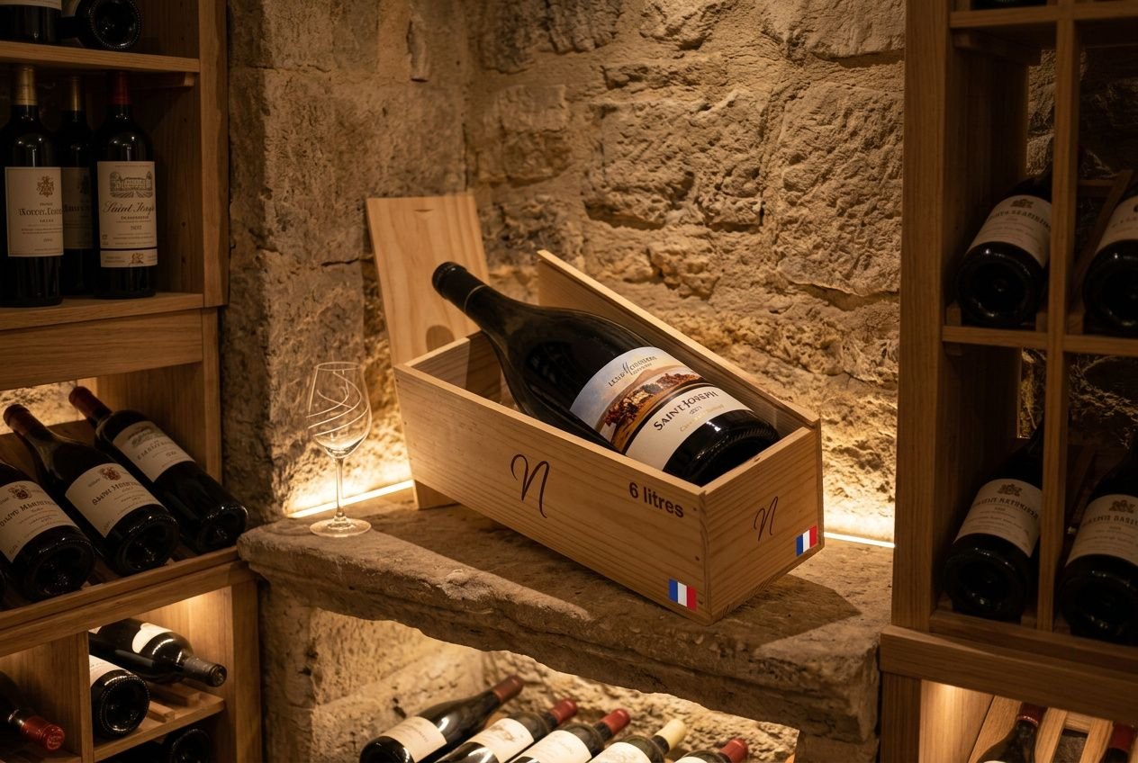 Cave humide en pierre avec casier à vin en bois contenant une bouteille et un verre, ambiance lumineuse. Aménager une cave d'immeuble, décor vin.