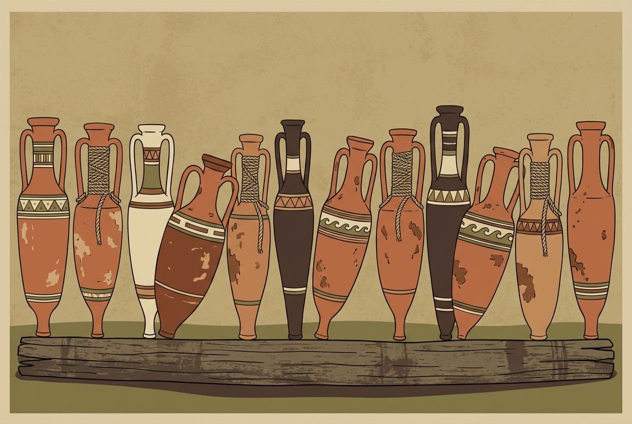 Collection de amphores et jars antiques alignées sur une étagère, évoquant l’histoire viticole et les origines du vin. apprendre histoire du vin.