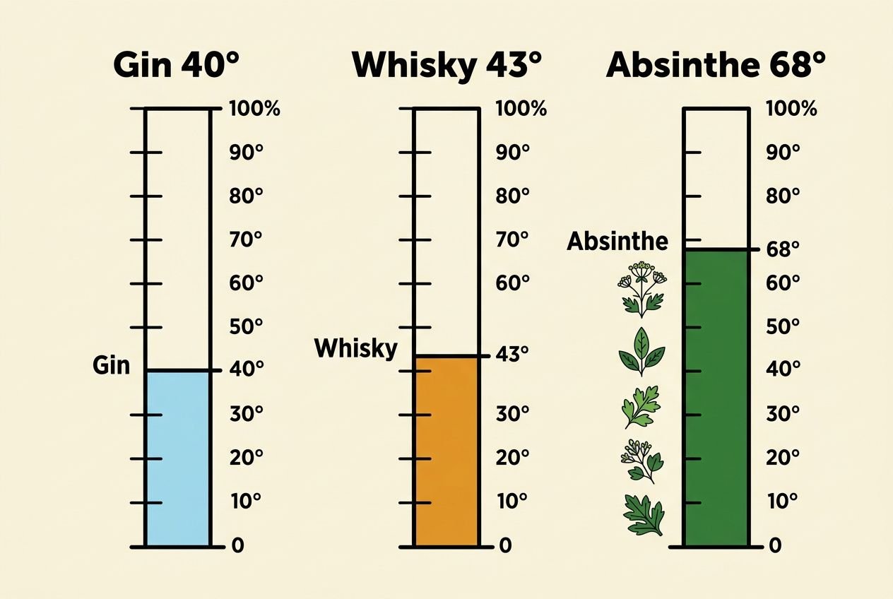 Comparaison des taux: illustration d’alcoolémie avec gin 40°, whisky 43° et absinthe 68°.