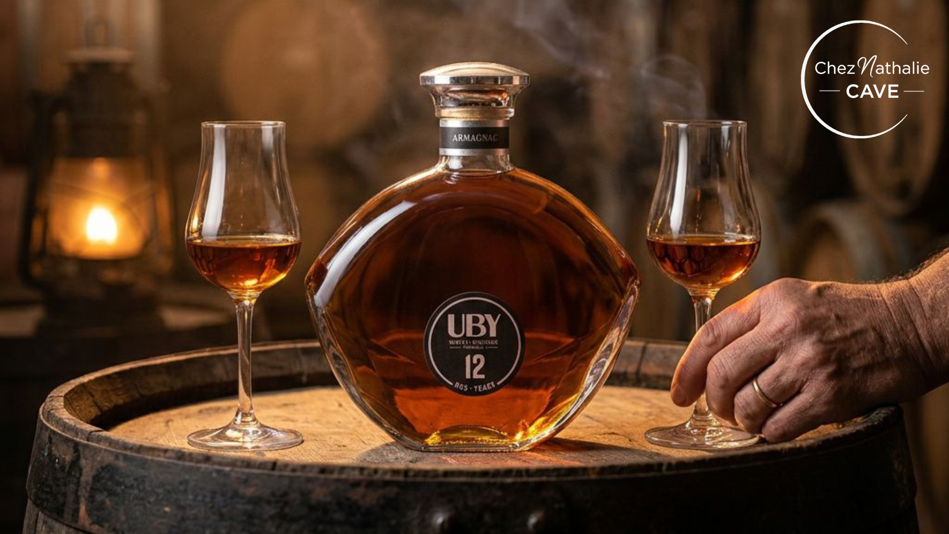 Coup de cœur: une carafe ronde d’armagnac UBY 12 ans trônant sur un tonneau avec deux verres de dégustation, ambiance cave.