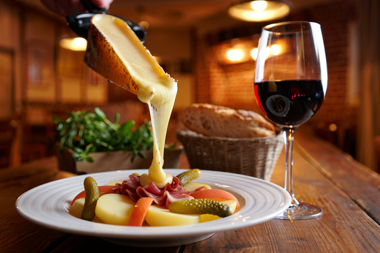 Verre de vin rouge léger avec raclette et charcuterie