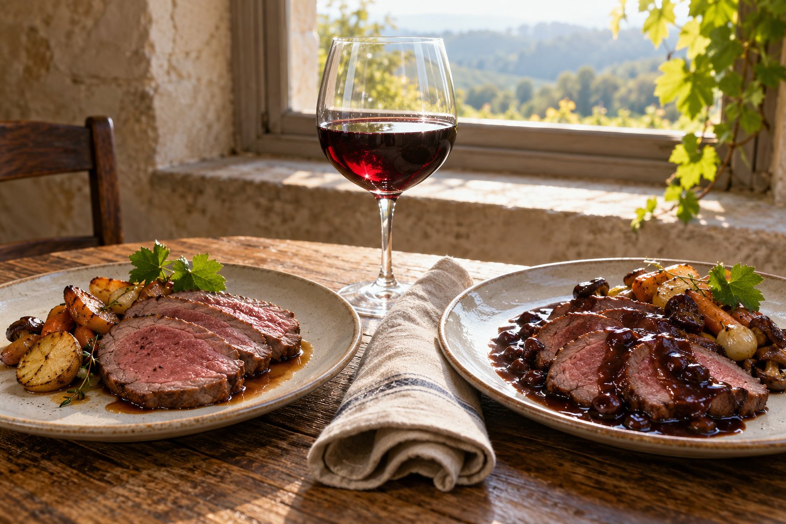 Deux assiettes de gigue rôtie accompagnées de légumes et d’une sauce, avec un verre de vin rouge au centre sur une table en