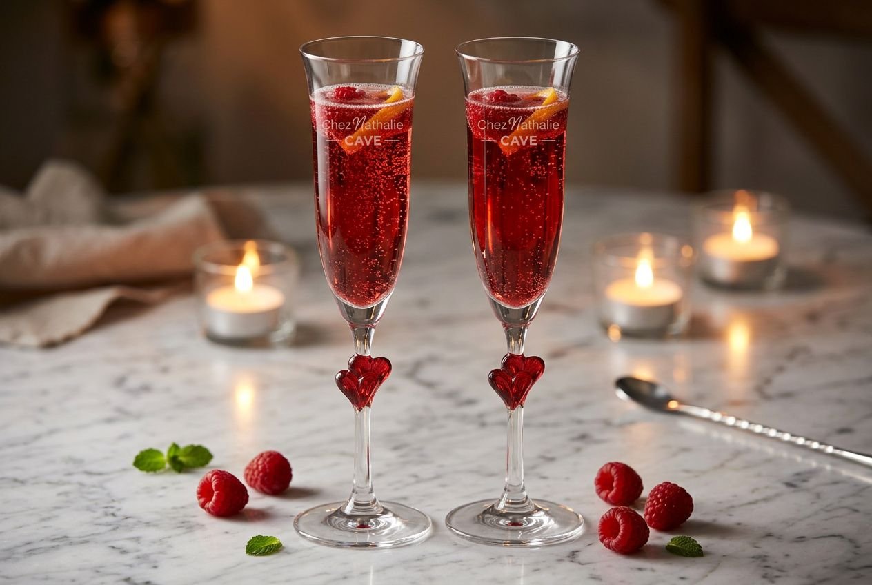 Deux flûtes de champagne mousseux rouge clair, garnies de cœurs rouges sur les pieds, servies sur une table marbrée avec des framboises et des bougies. Meilleur cocktail mousseux.