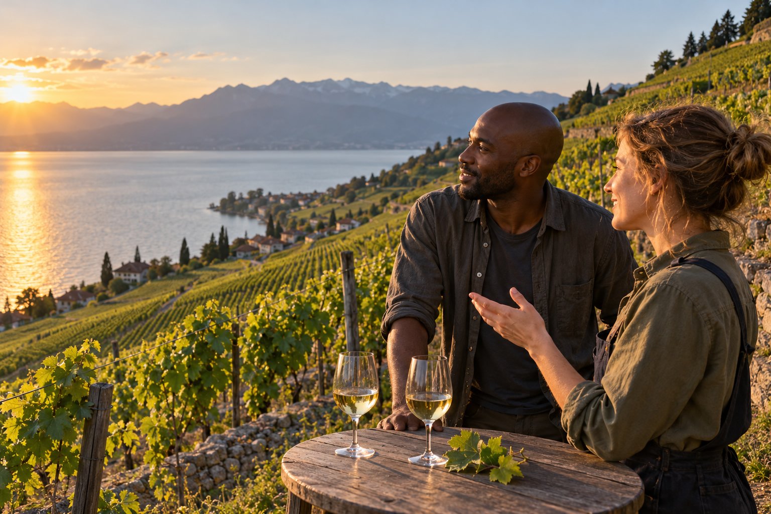 Deux personnes conversent près d'une table en bois avec deux verres de vin dans un vignoble en terrasse au coucher du soleil