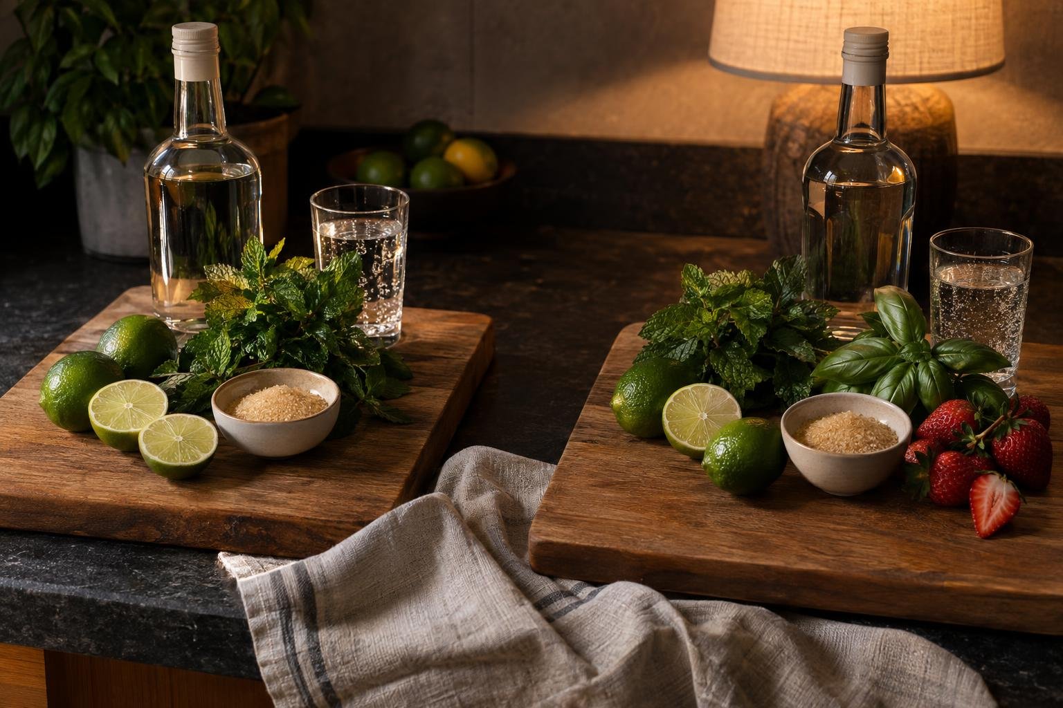 Deux planches à découper avec des citrons verts, des morceaux de lime, de la menthe, des fraises et des bols de sucre brown,