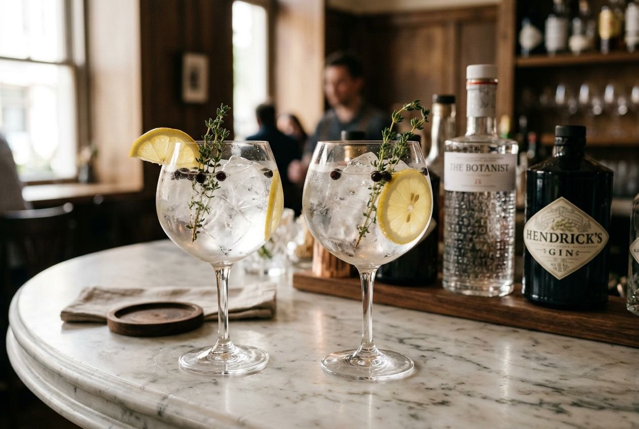 Deux verres de gin tonic servis sur un bar en marbre, garnis de citron et de rosemary, flanqués de bouteilles de gin et de toniques en arrière-plan. Adapté pour le meilleur gin pour gin tonic.
