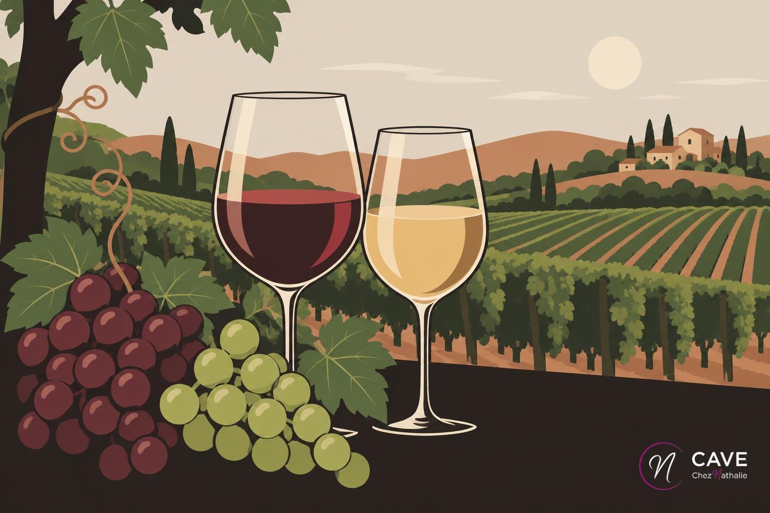 Deux verres de vin et des grappes de raisin reposent devant un vignoble panoramique.
