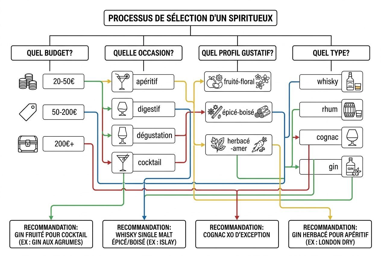 Diagramme: processus de sélection d'un spiritueux avec options budget, occasion et profil gustatif, menant aux types whisky, rhum, cognac et gin; guidage de recommandations. Mot-clé intégré: comment choisir un spiritueux.