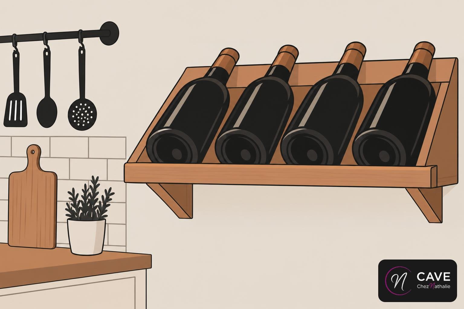 Étagère murale en bois avec quatre bouteilles de vin disposées horizontalement, au-dessus d’un plan de cuisine.