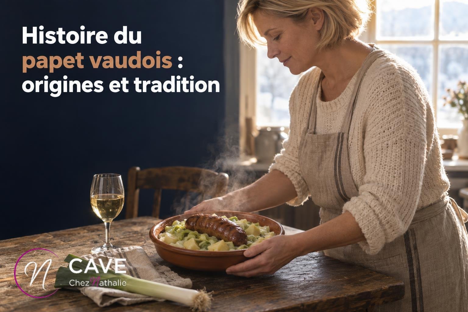 Une femme porte une casserole de papet vaudois sur la table en cuisine, près d’un verre de vin blanc et d’un fond lumineux.