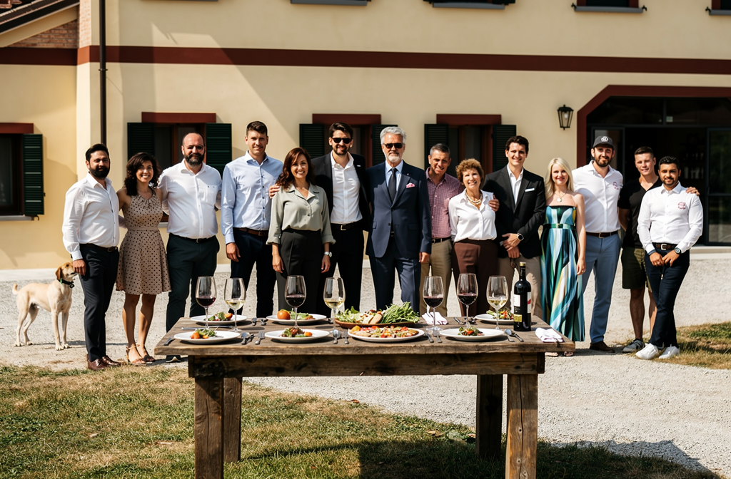 Groupe de passionnés de vin réunis devant un domaine viticole italien par une journée ensoleillée.