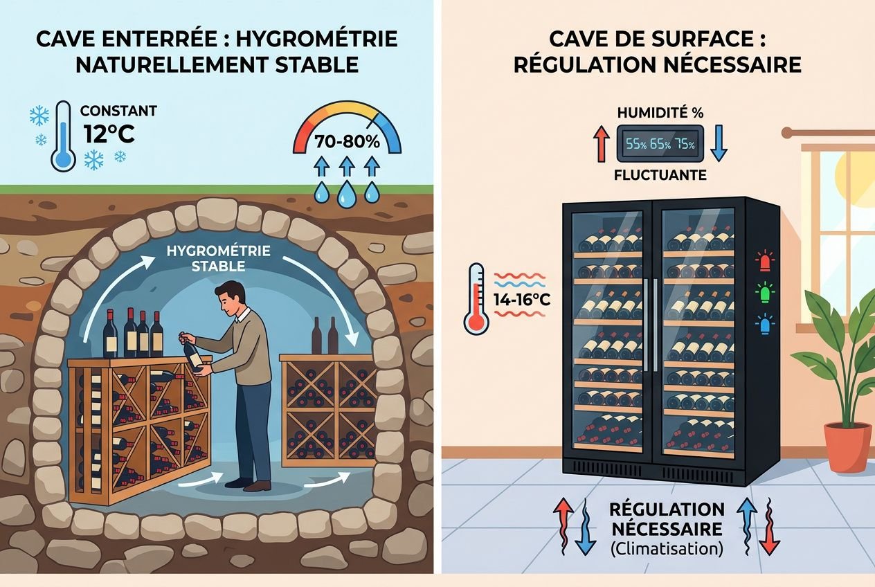 Humidité idéale pour une cave à vin : illustration comparative montrant une cave enterrée avec hygrométrie stable et boissons, et une cave de surface avec régulation climatique et conseils d’humidité fluctuante.
