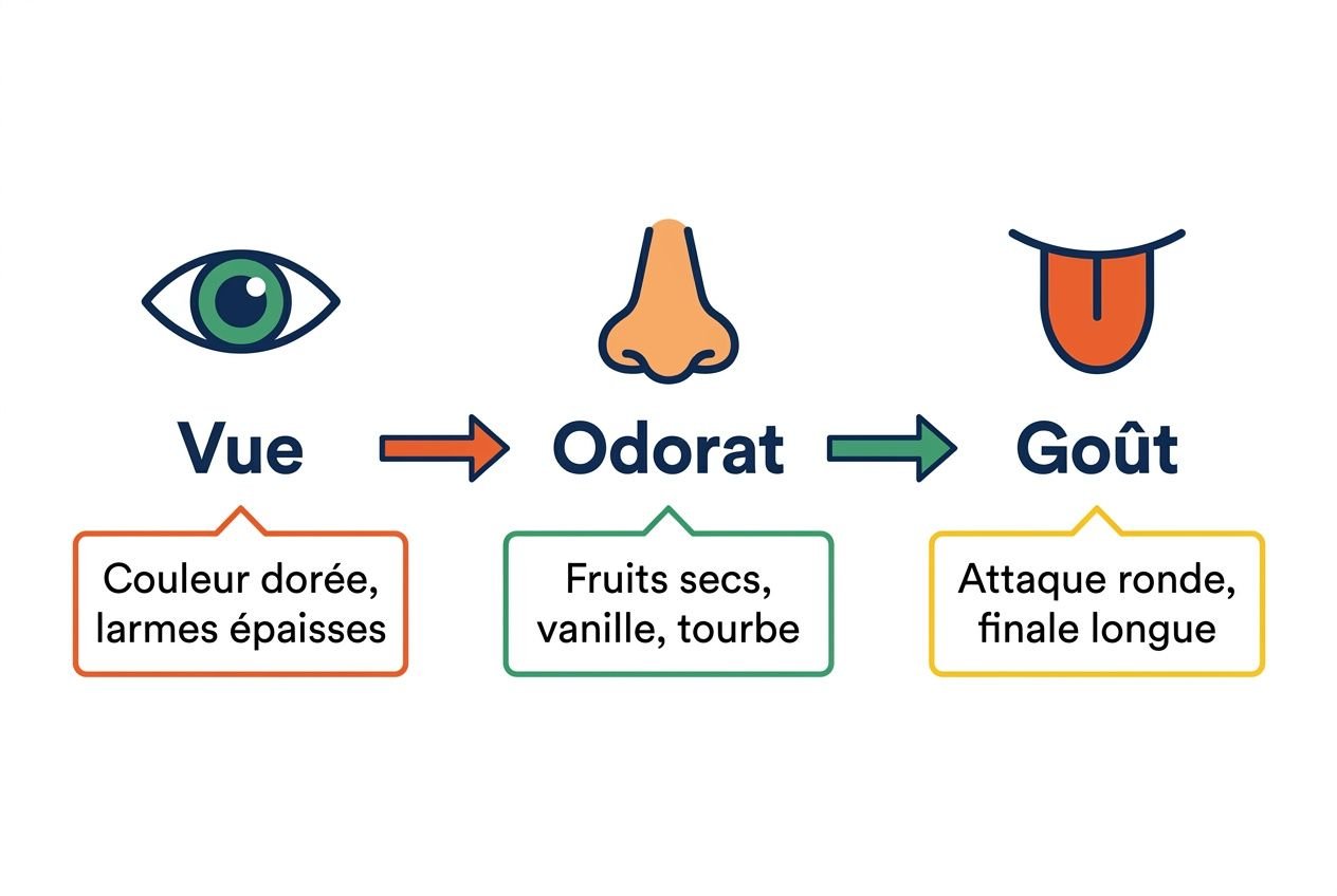 Une illustration montrant les étapes de dégustation: vue, odorat et goût, avec des icônes d’œil, nez et langue; description des éléments: couleur dorée et larmes épaisses, fruits secs, vanille et touffe, attaque ronde et finale longue. Comment déguster un spiritueux est évoqué.
