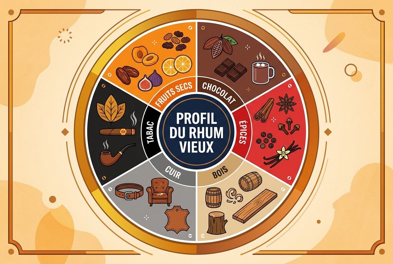 Infographie circulaire sur le profil du rhum vieux, avec sections aromatiques (fruits secs, chocolat, épices, bois, cuir, tabac) et icônes de bouchon, barrique et bois. Comment choisir un bon rhum.