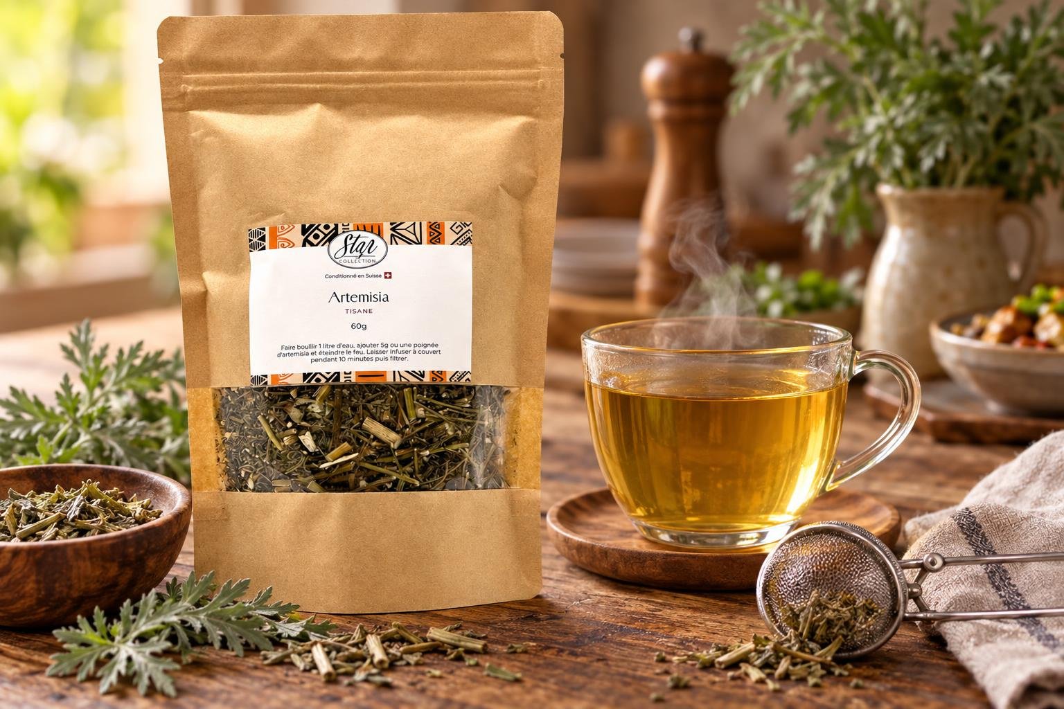 Infusion sèche Artemisia prête à infuser, avec tasse fumante et théière sur une table en bois.