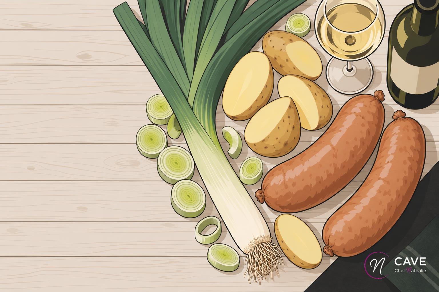 Légumes et produits de charcuterie sur une planche: poireaux, pommes de terre et saucisses accompagnés d’une bouteille et d’un