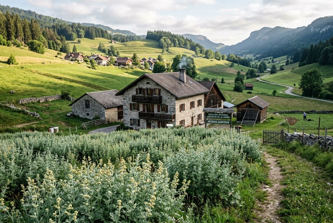 Maison traditionnelle au milieu d'un paysage verdoyant du Val-de-Travers, champs et villages pittoresques, chemin sinueux et montagnes à l'horizon, contexte historique d'absinthe val de travers histoire.