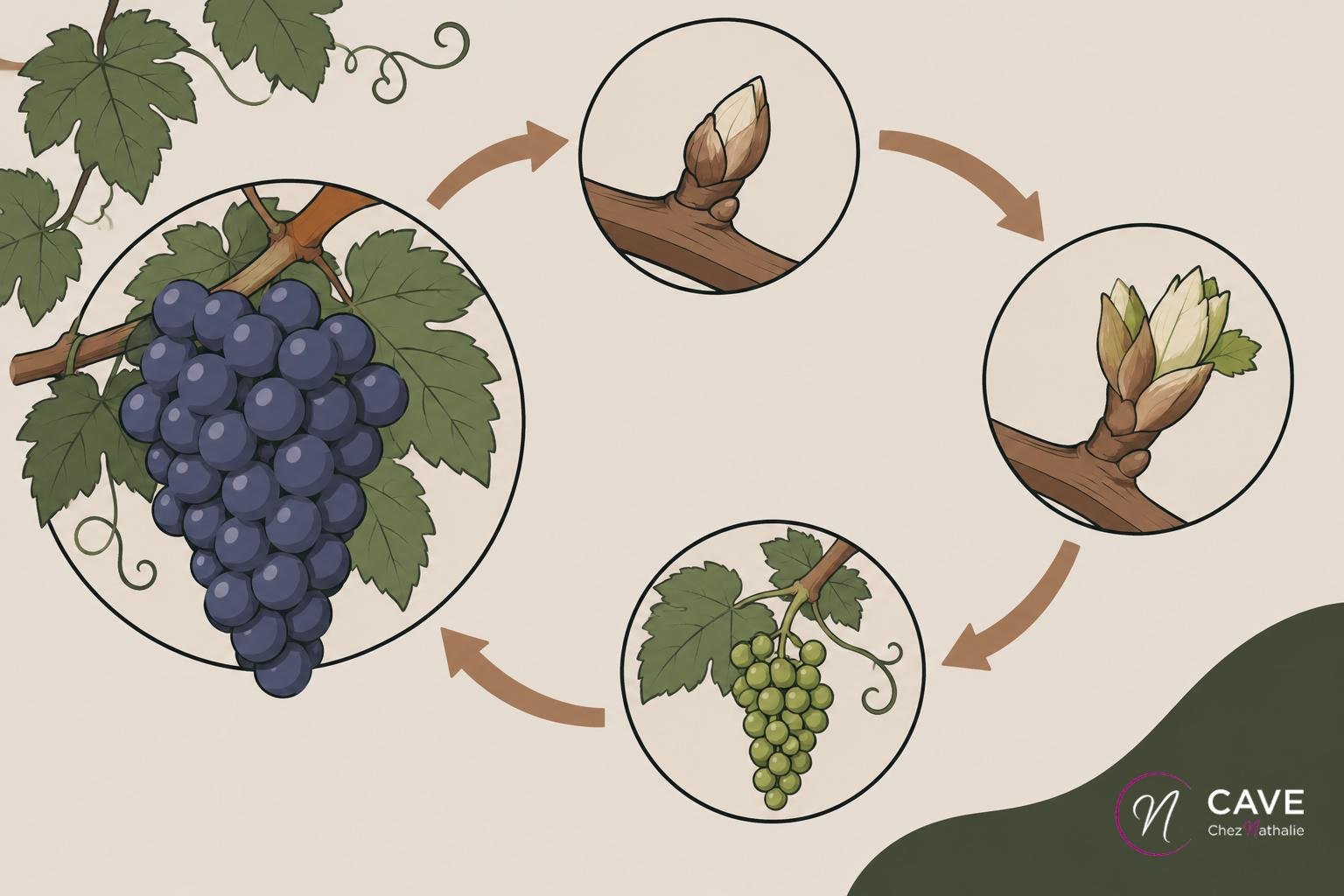 La photo montre une grappe de raisin violet mûre accrochée à la vigne, entourée de quatre cercles illustrant les étapes de