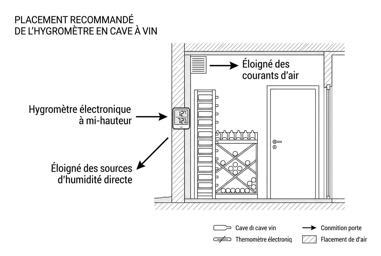 Placement recommandé de l’hygromètre en cave à vin montrant un thermomètre électronique à mi-hauteur et l’éloignement des sources d’humidité directe.