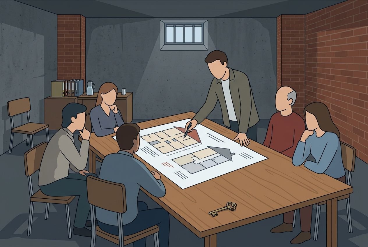 Plan d’équipe autour d’une table en sous-sol, planifiant l’aménager une cave d'immeuble avec schémas et croquis.