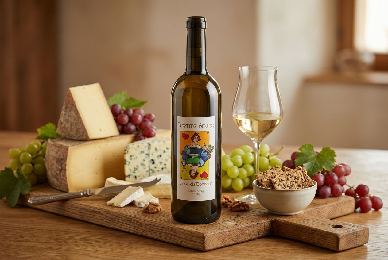 Plateau de dégustation: fromages variés, raisin et crackers avec une bouteille de vin blanc et un verre, illustrant les accords vin et fromage apéritif / accords vin et fromage apéritif.