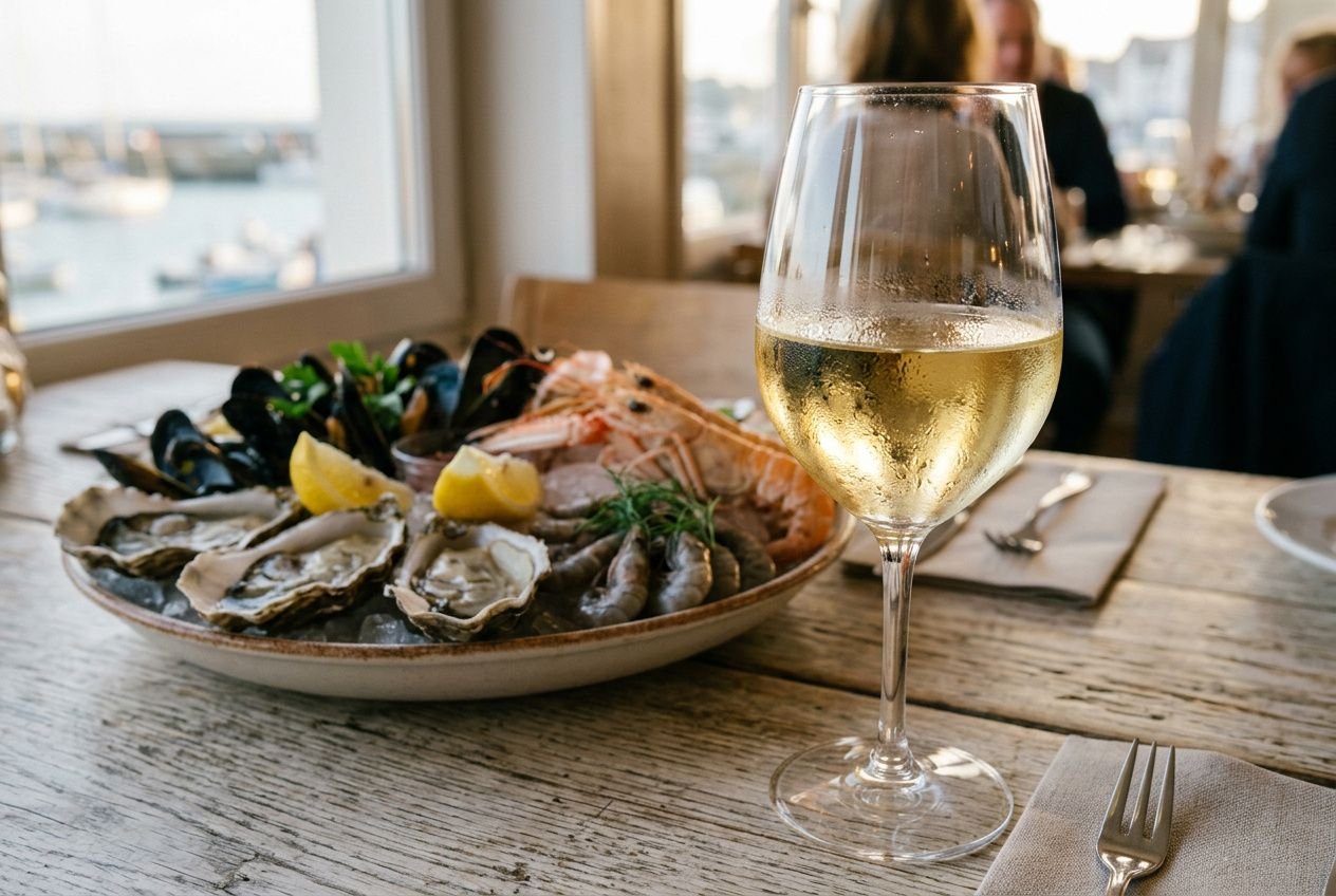 Plateau de fruits de mer frais accompagné d’un verre de vin blanc, sur une table en bois dans un restaurant. Quel vin avec fruits de mer selon le guide des accords mets.