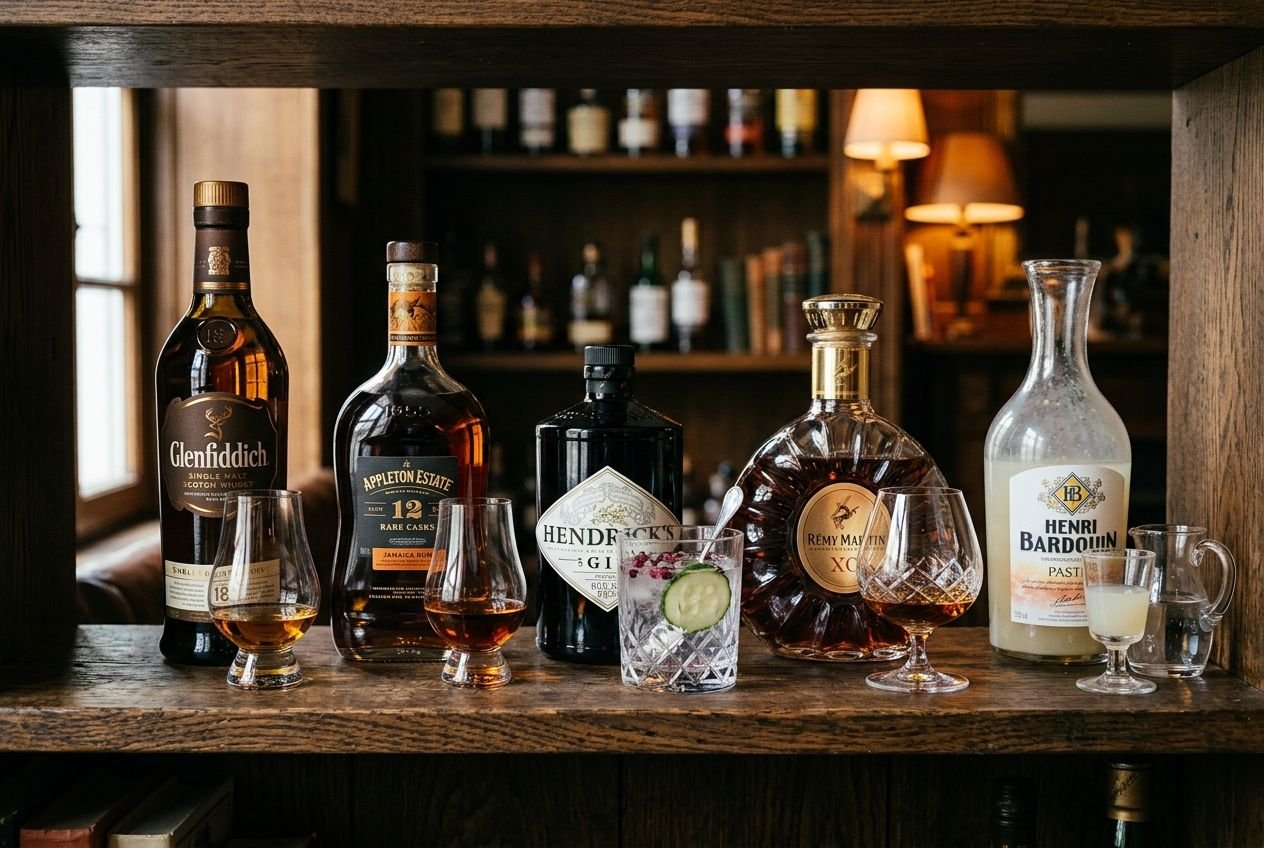 Plusieurs bouteilles de spiritueux alignées sur un bar en bois, avec verres et carafe, ambiance chaleureuse de dégustation.– Intègre:-comment choisir un spiritueux.