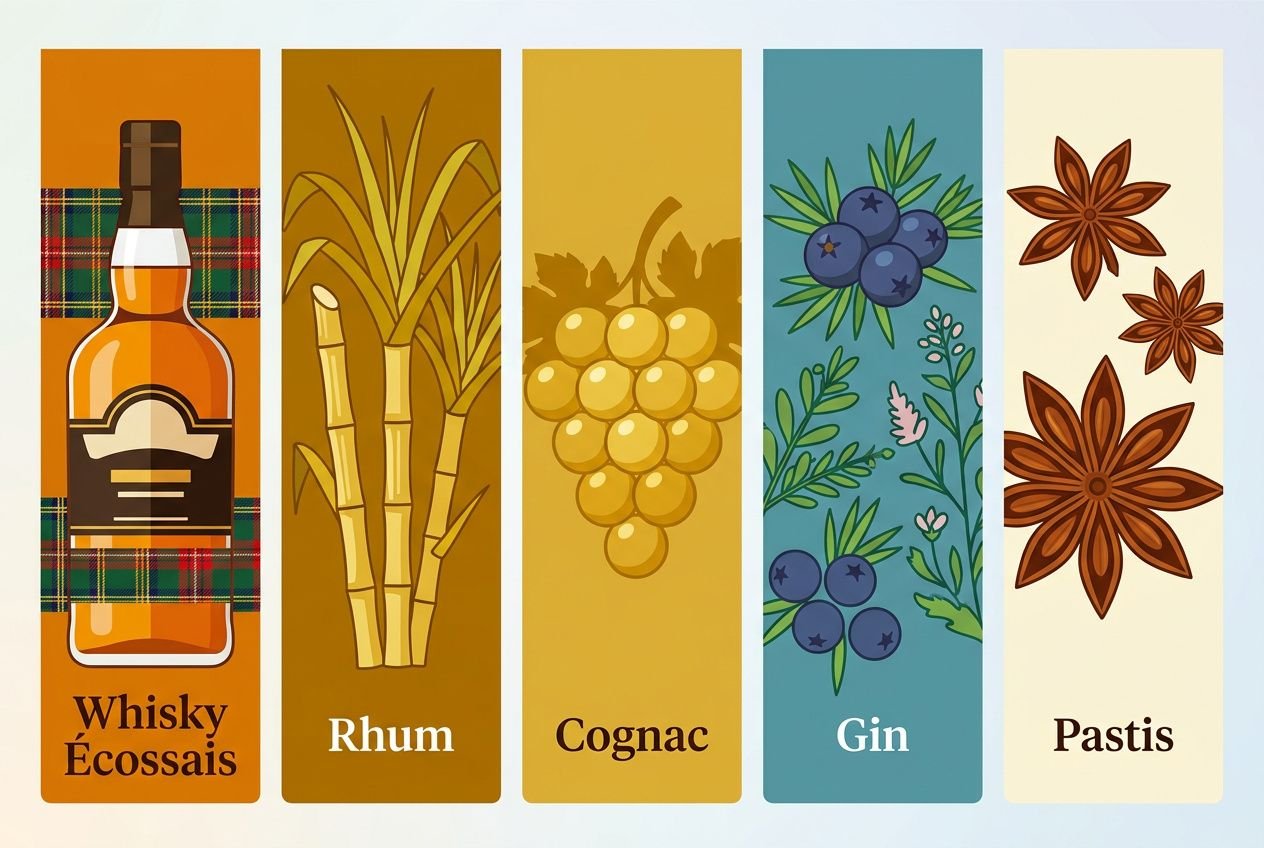 Quatre étiquettes illustrées représentant Whisky Écossais, Rhum, Cognac, Gin et Pastis, chacun avec son iconographie. Inclut le mot-clé: comment choisir un spiritueux.