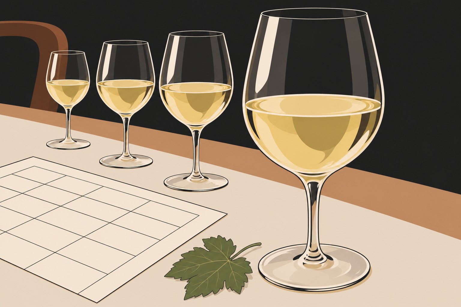 Quatre verres de vin blanc alignés sur une table avec une feuille de dégustation et une feuille de vigne en premier plan.