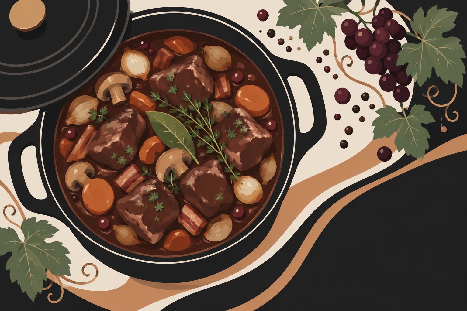 Ragoût de chevreuil mijotant dans une cocotte, avec morceaux de viande, carottes et champignons.
