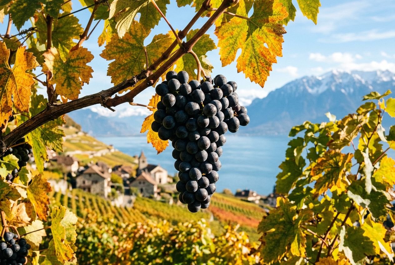 Raisin noir en grappes mûres dans un vignoble doré, paysage vallonné et lac en arrière-plan sous un ciel bleu. guide des cépages intégré naturellement.