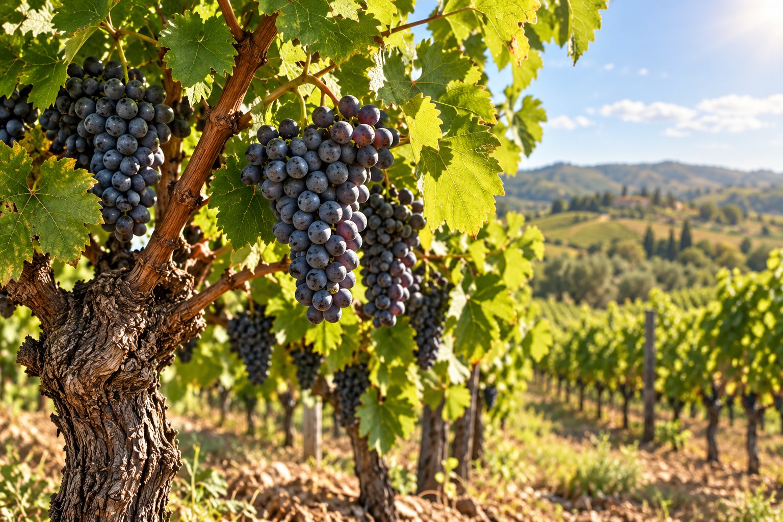 Raisins noirs pendus en grappes sur une treille dans un paysage viticole.