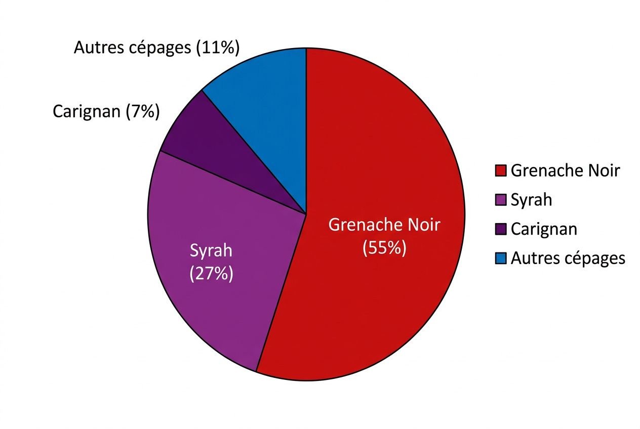 Répartition des cépages du Côte du Rhône rouge: Grenache Noir 55%, Syrah 27%, Carignan 7%, Autres cépages 11%.