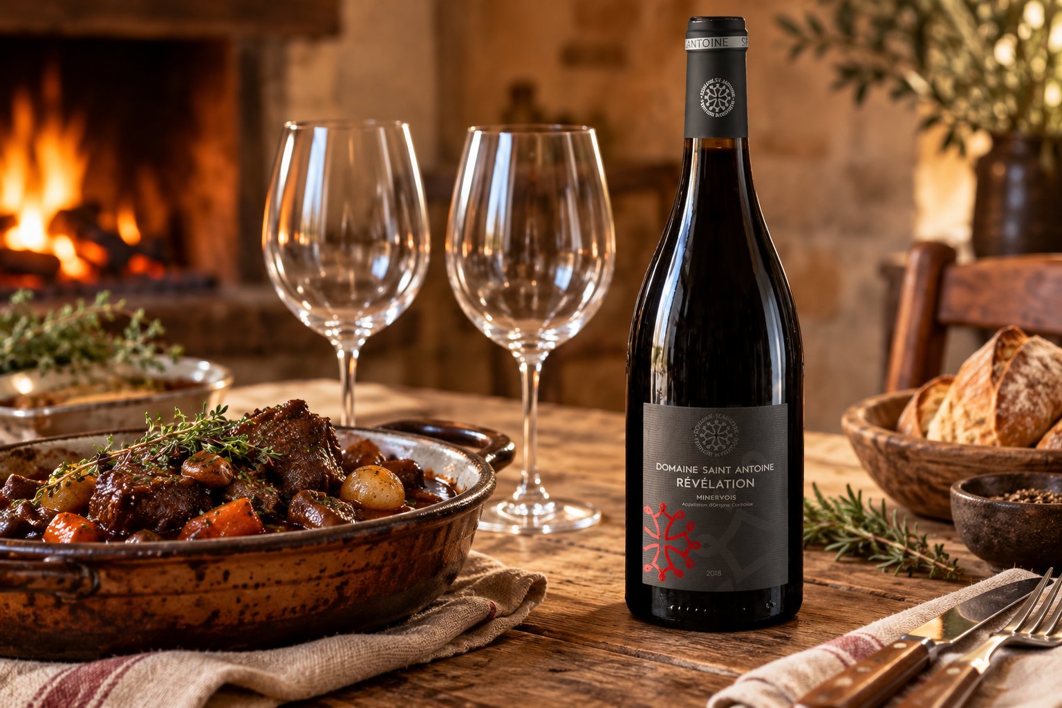 Sanglier en sauce servi dans une assiette avec légumes, accompagnée d’une bouteille de vin et de verres sur une table en bois.