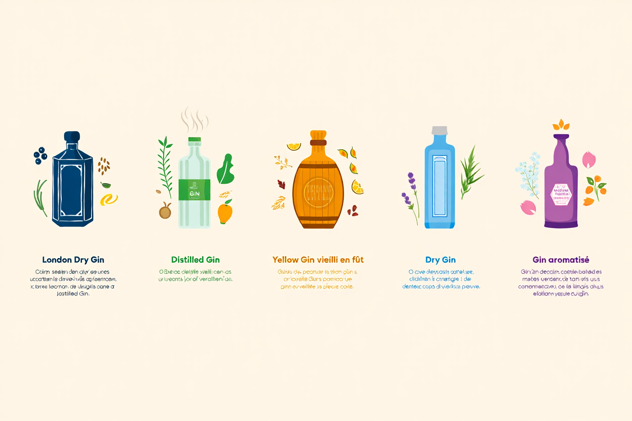 Six styles de gin illustrés: London Dry Gin, Distilled Gin, Yellow Gin vieilli en fût, Dry Gin et Gin aromatisé, accompagnés d’herbes et fruits. Meilleur gin pour gin tonic.