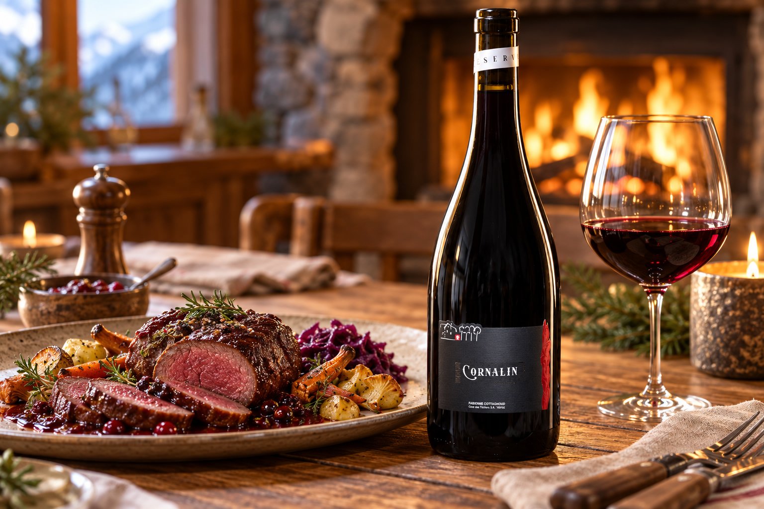 Steak de chevreuil accompagné de légumes et d’un verre de vin rouge près d’une bouteille sur une table en bois.