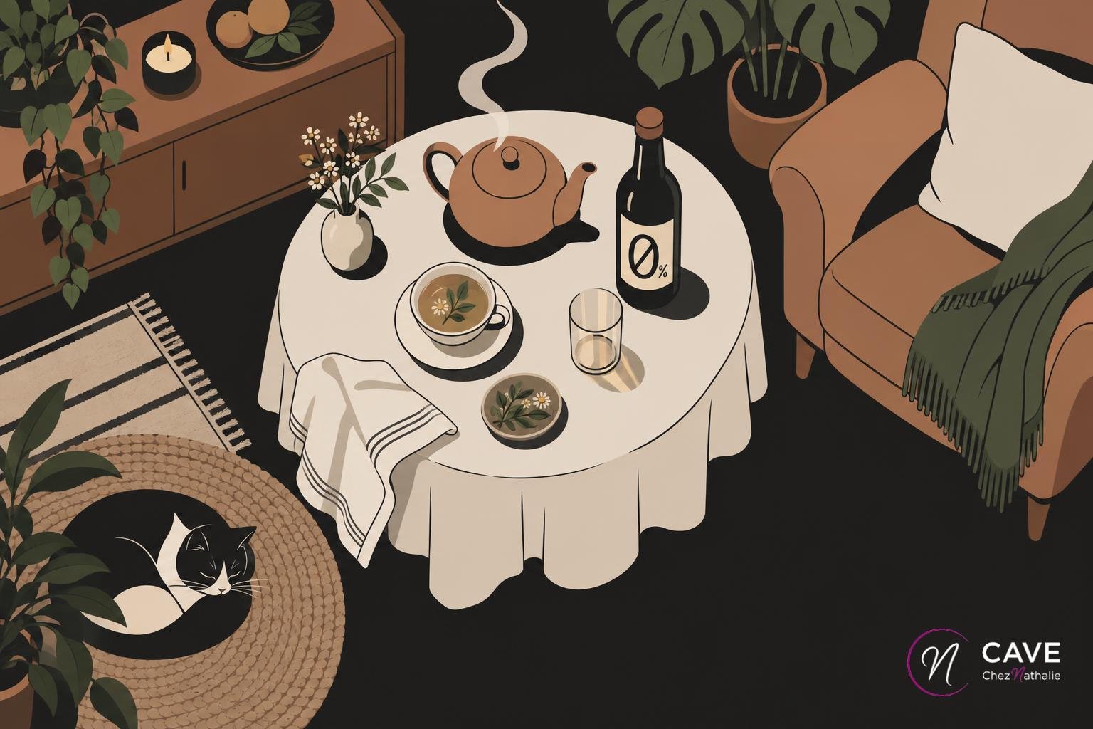 Table ronde au salon avec thé fumant, bouteille et tasse sur nappe blanche et chat au pied du canapé.