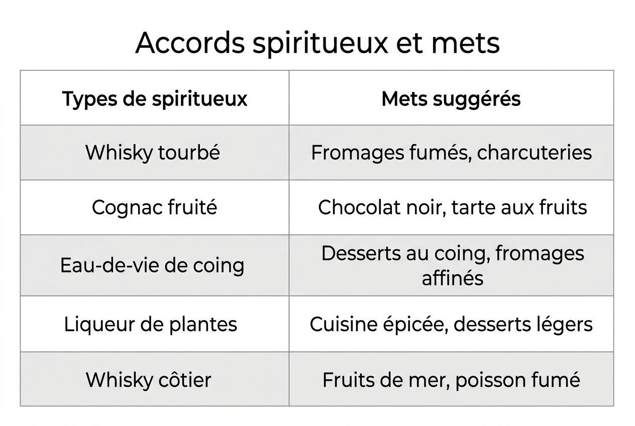 Tableau “Accords spiritueux et mets” avec colonnes Types de spiritueux et Mets suggérés.
