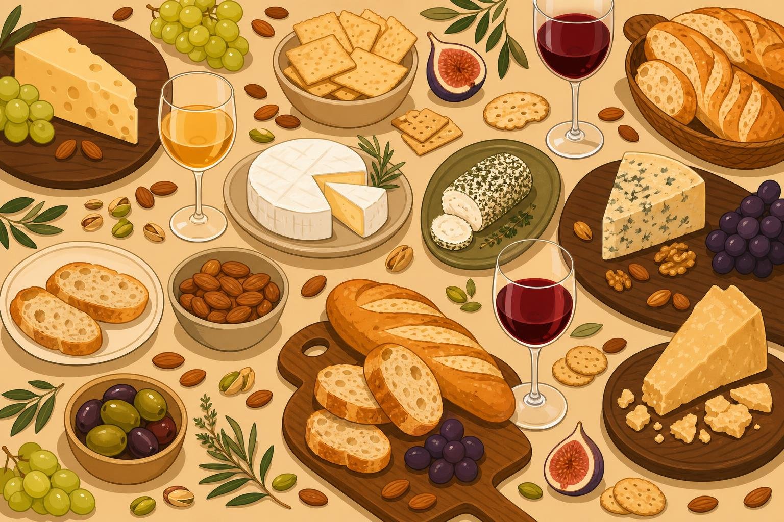 Tableau d’assortiment fromage et pains avec fruits secs, crackers et verres de vin rouge et blanc, ambiance dégustation. Aliments qui se marient avec le fromage et le vin.