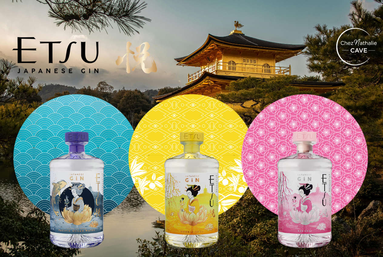 Trois bouteilles de gin ETU japonais posées devant des panneaux circulaires colorés bleu, jaune et rose, paysage de jardin japonais en arrière-plan. Chez Nathalie CAVE logo en haut à droite.