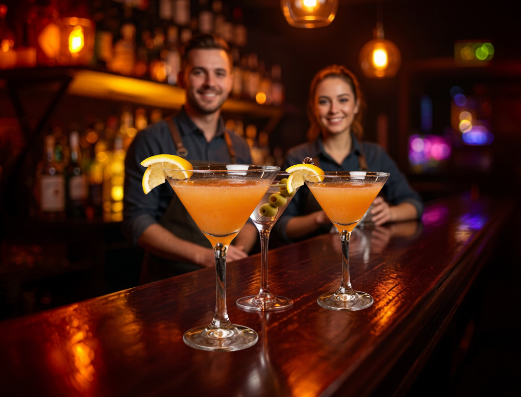 Trois cocktails orange saumonés garnis d’orange sur le comptoir en bois, servis par deux barmans souriants dans un bar éclairé chaleureusement.