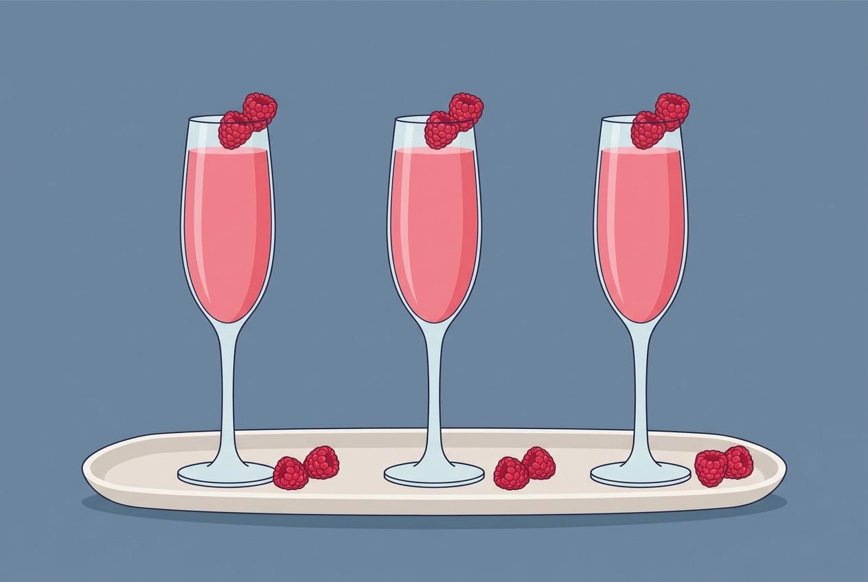 Trois flûtes à champagne roses garnies de framboises sur un plateau, parfaites pour un apéritif dînatoire froid facile et rapide.