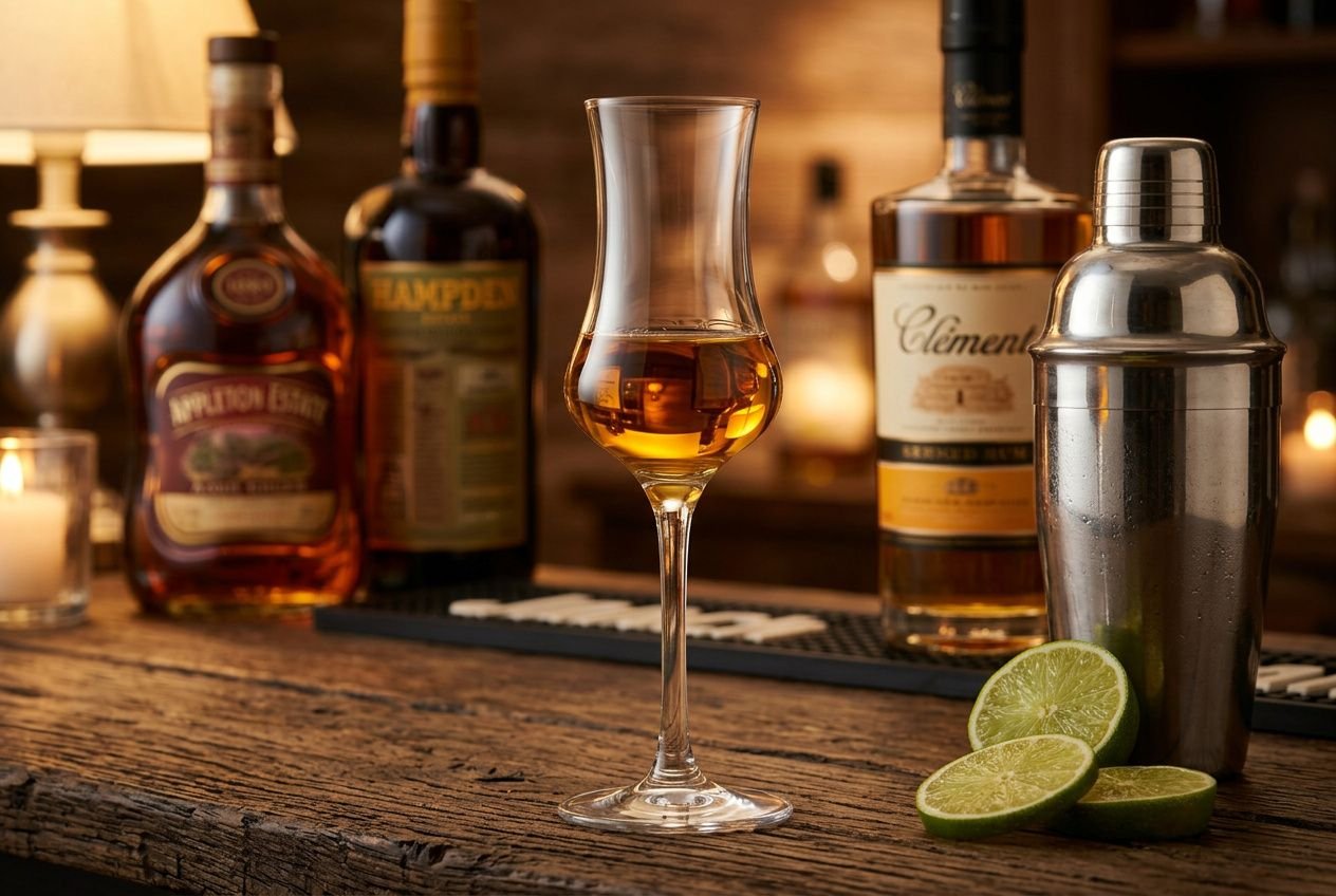 Verre à cognac rempli de rhum ambré, entouré de bouteilles de rhum et de lime coupée, sur un bar en bois. Quel rhum pour cocktail.