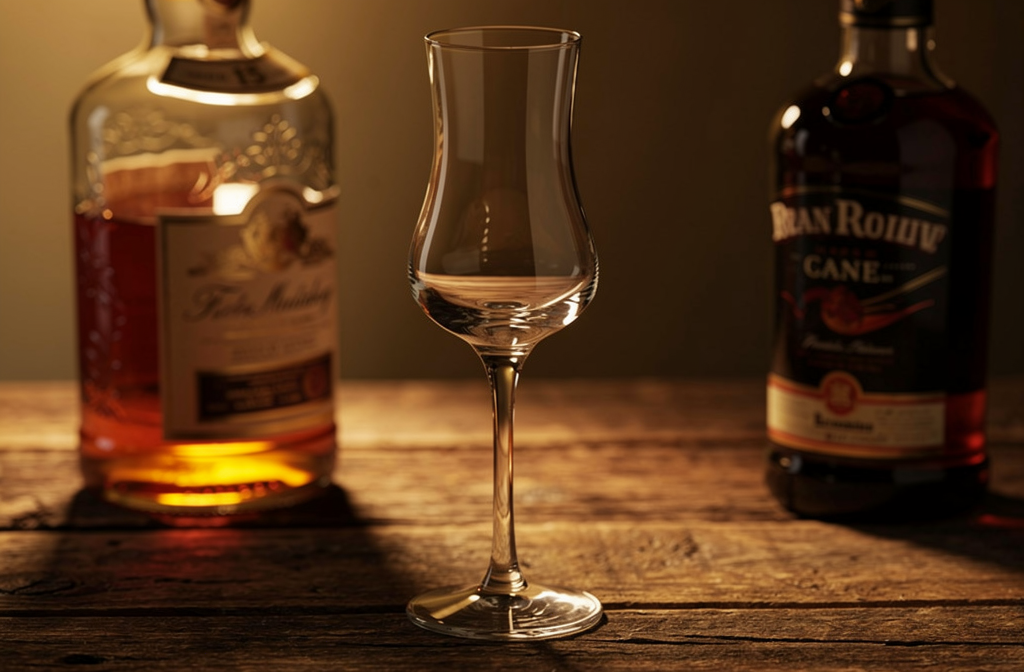 Verre à dégustation au centre avec deux bouteilles de spiritueux (rhum et whisky) floues à l’arrière, ambiance chaleureuse et boisée. Différence entre rhum et whiskey évoquée.